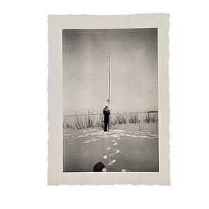 Vtg B&W Photo 1942 Found Woman With Pole Posing in Winter Snow Scene Snapshot
